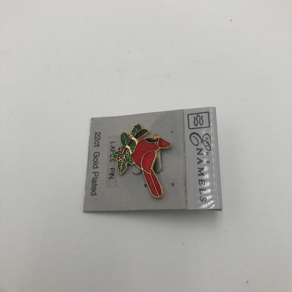 Cardinal Lapel Pin 22k Gold Plated New Enamels Red Bird Green Leaves‎